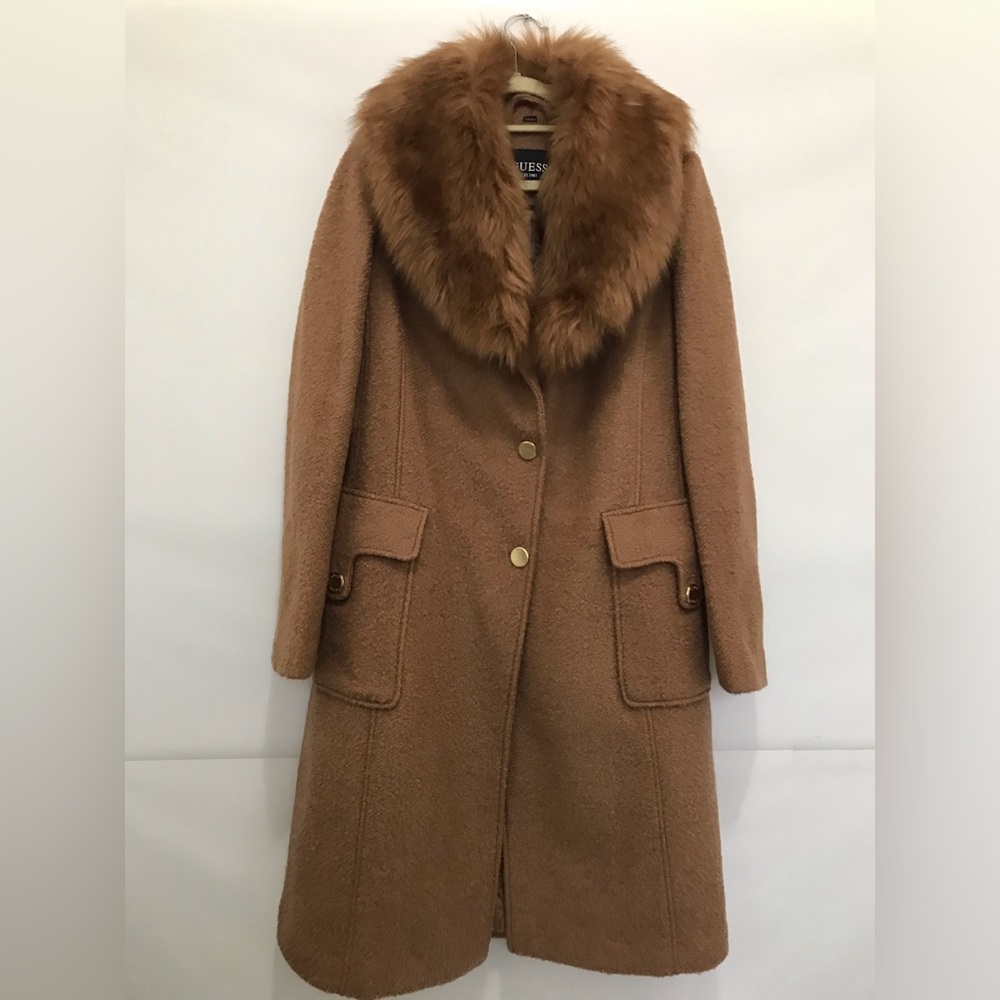Guess Wool Blend Faux Fur-Collar Long Coat in Camel Size M